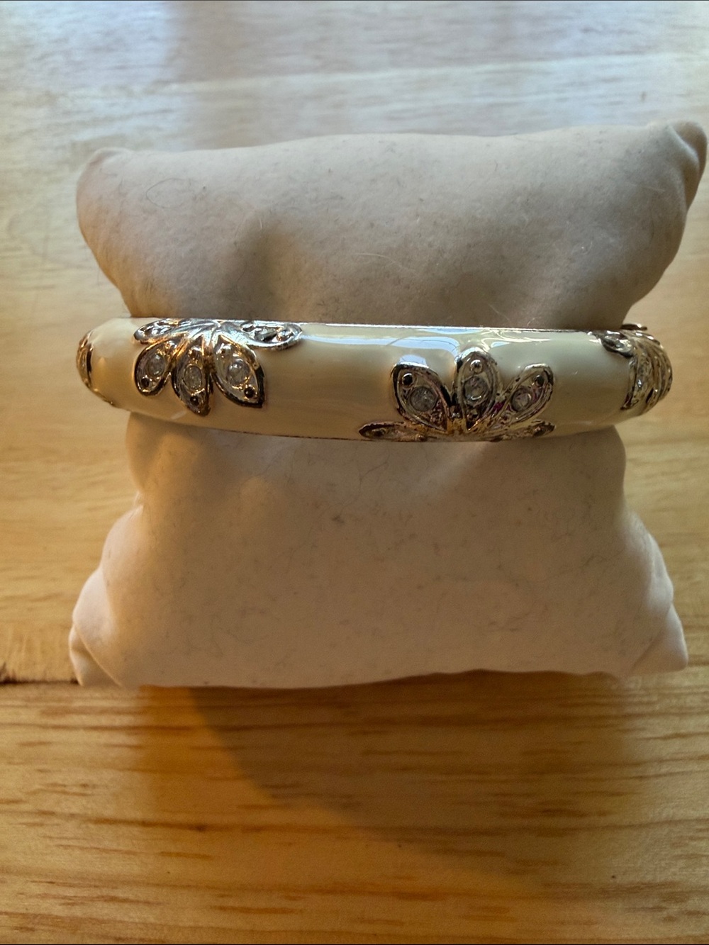 Ivory Resin Hinged Bangle Bracelet with Rhinestone Floral Accents